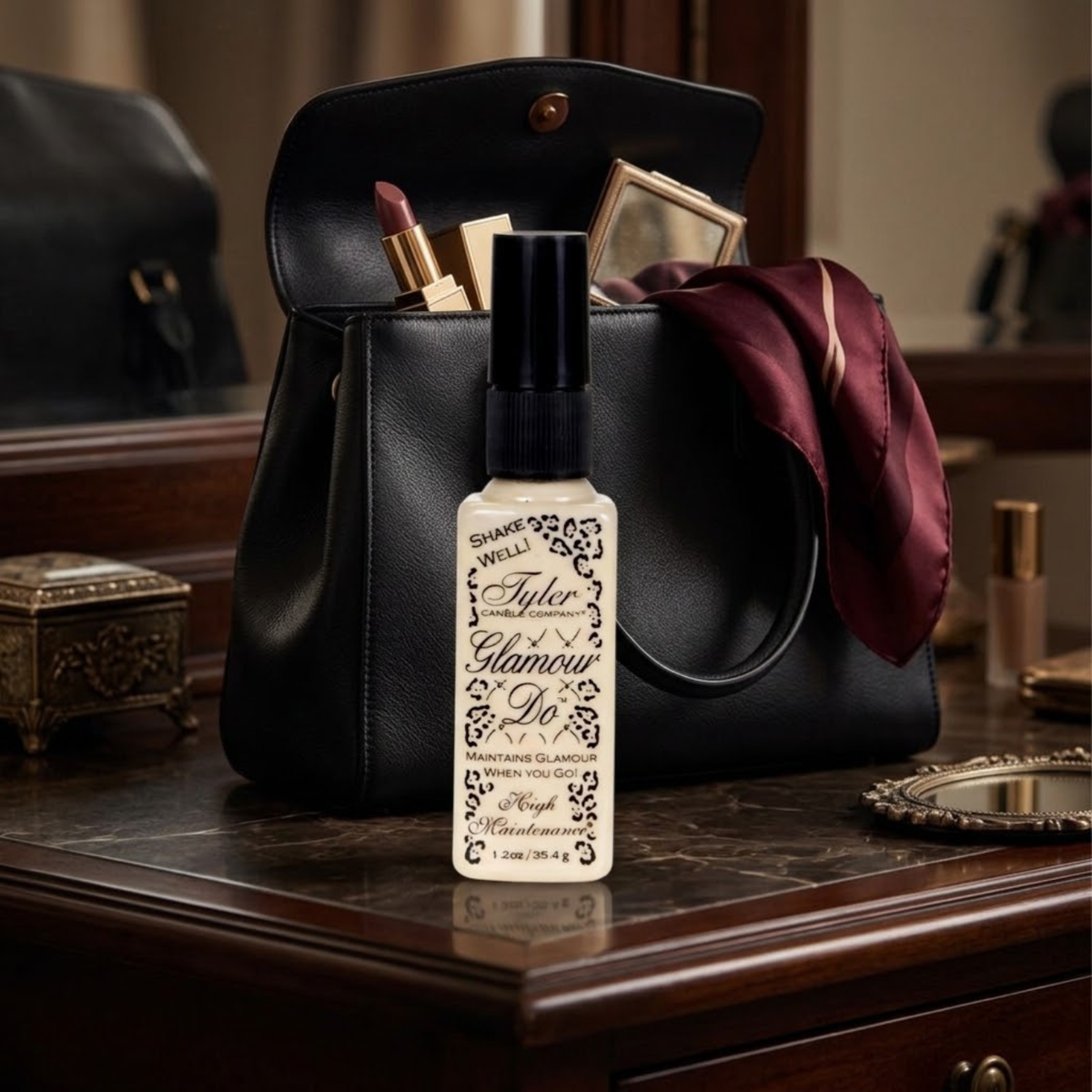 Tyler Glamour Do High Maintenance toilet spray next to bathroom decor