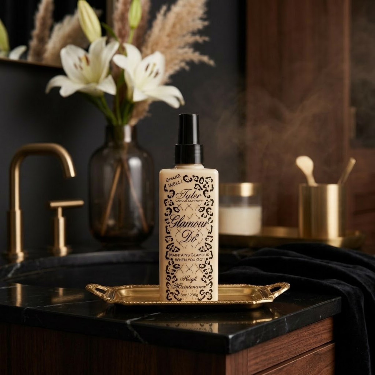 Tyler Glamour Do High Maintenance 8 oz toilet spray on bathroom counter