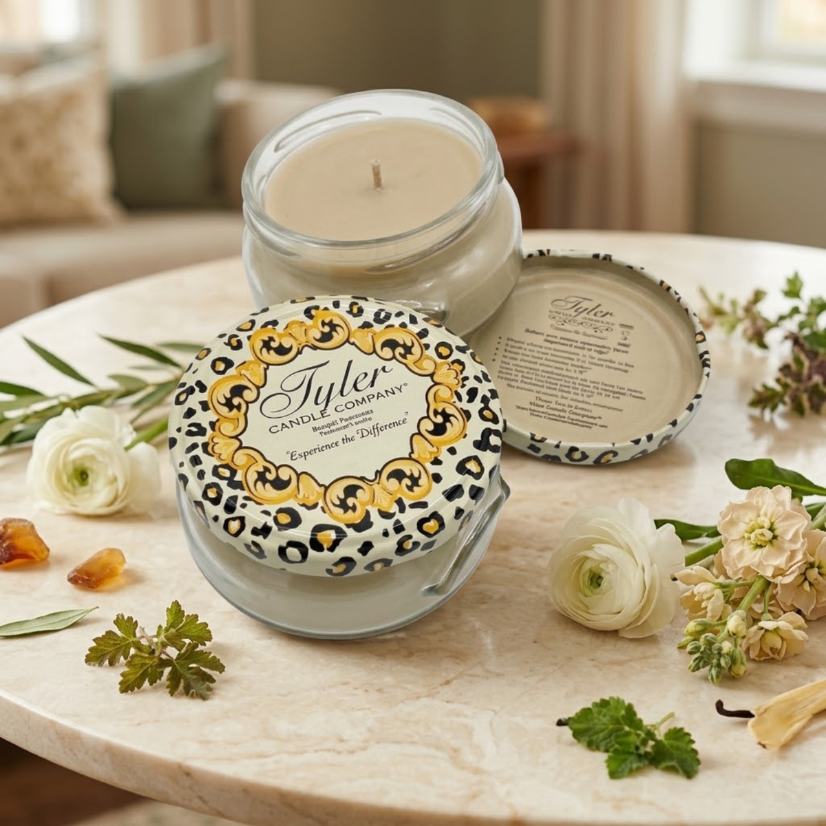 Tyler Candle Company High Maintenance 3 oz candle with floral and woody fragrance