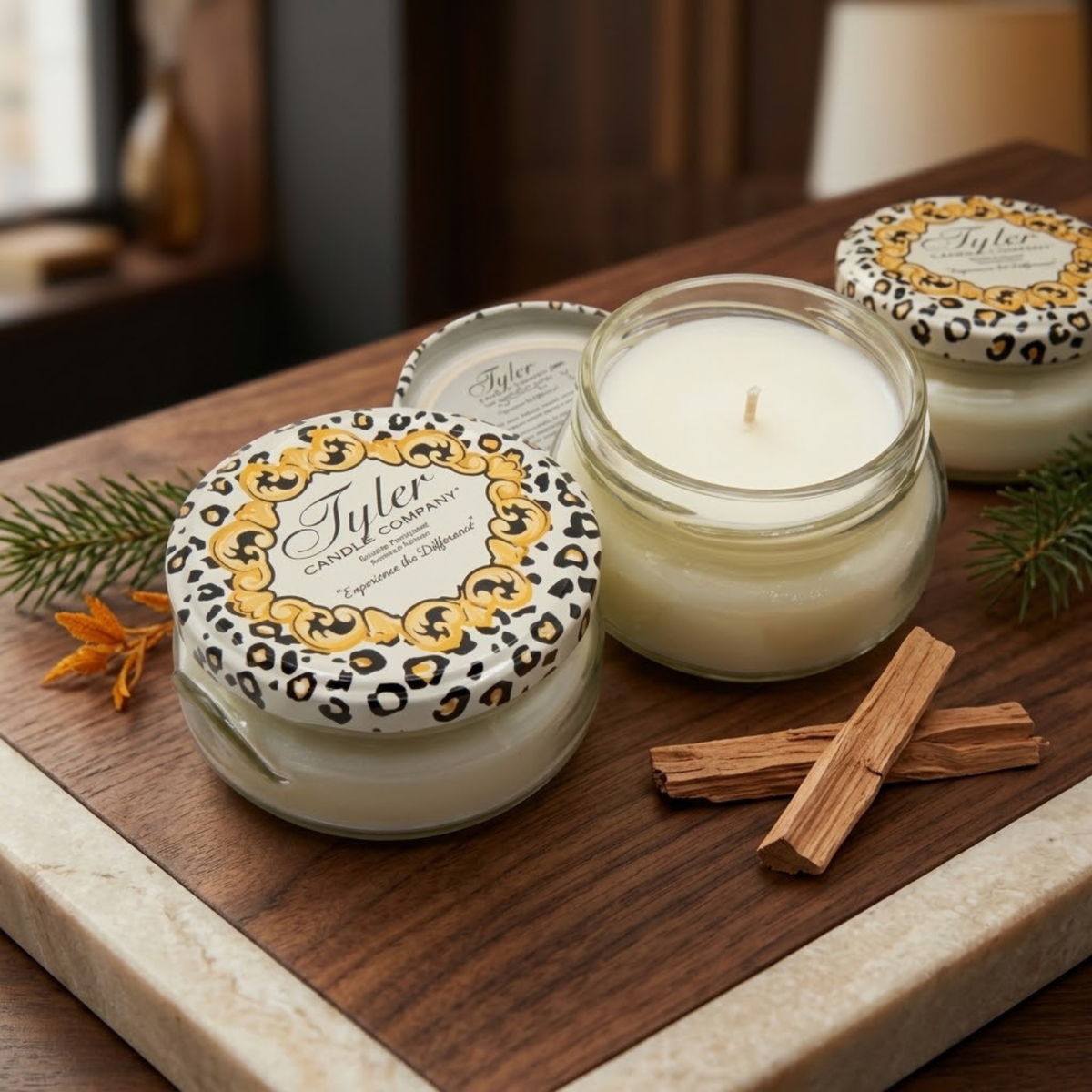 Tyler Candle Company Regal 3 oz Prestige candle with woody amber fragrance