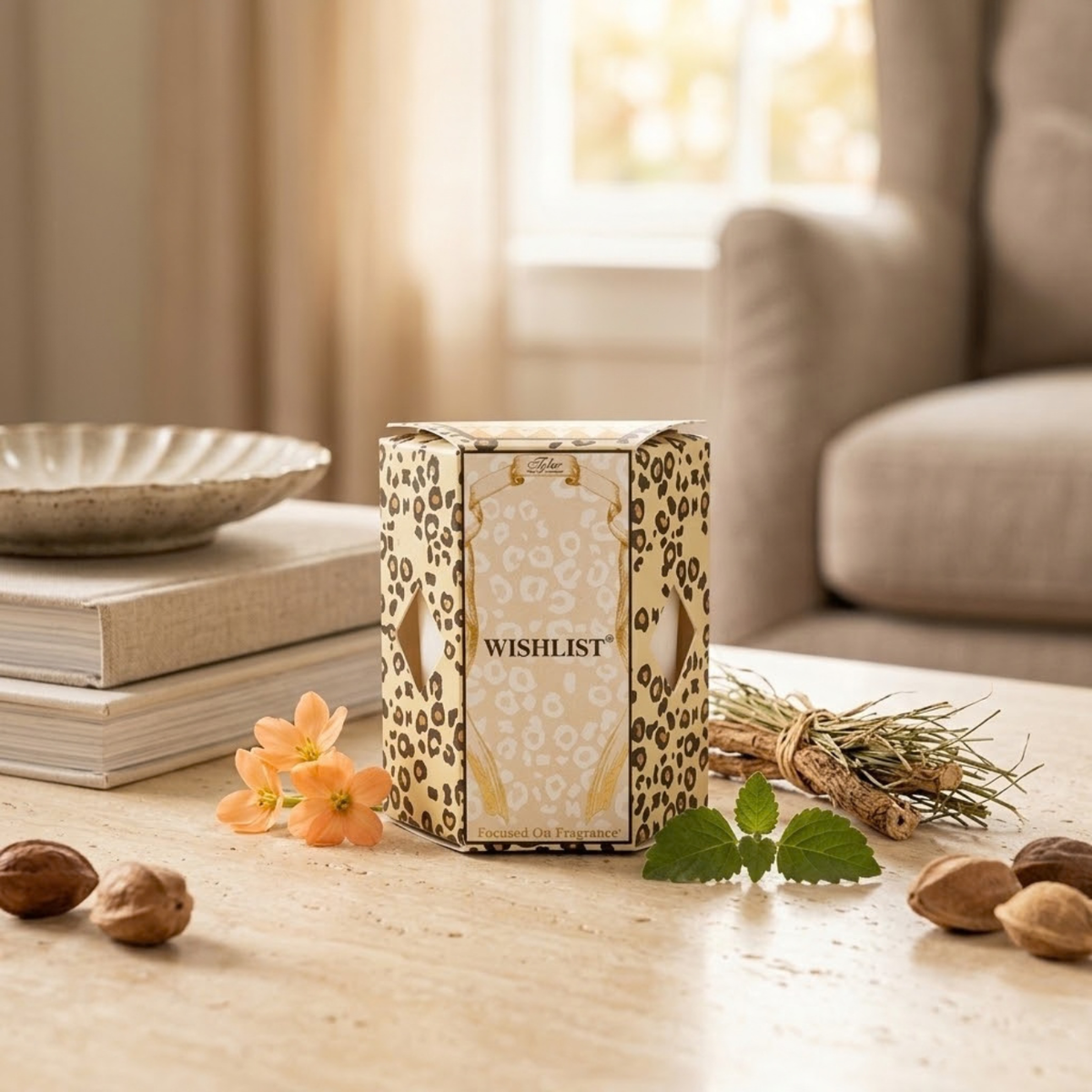 Tyler Candle Company Wishlist 15-Hour Boxed Votive Candle with warm spicy fragrance