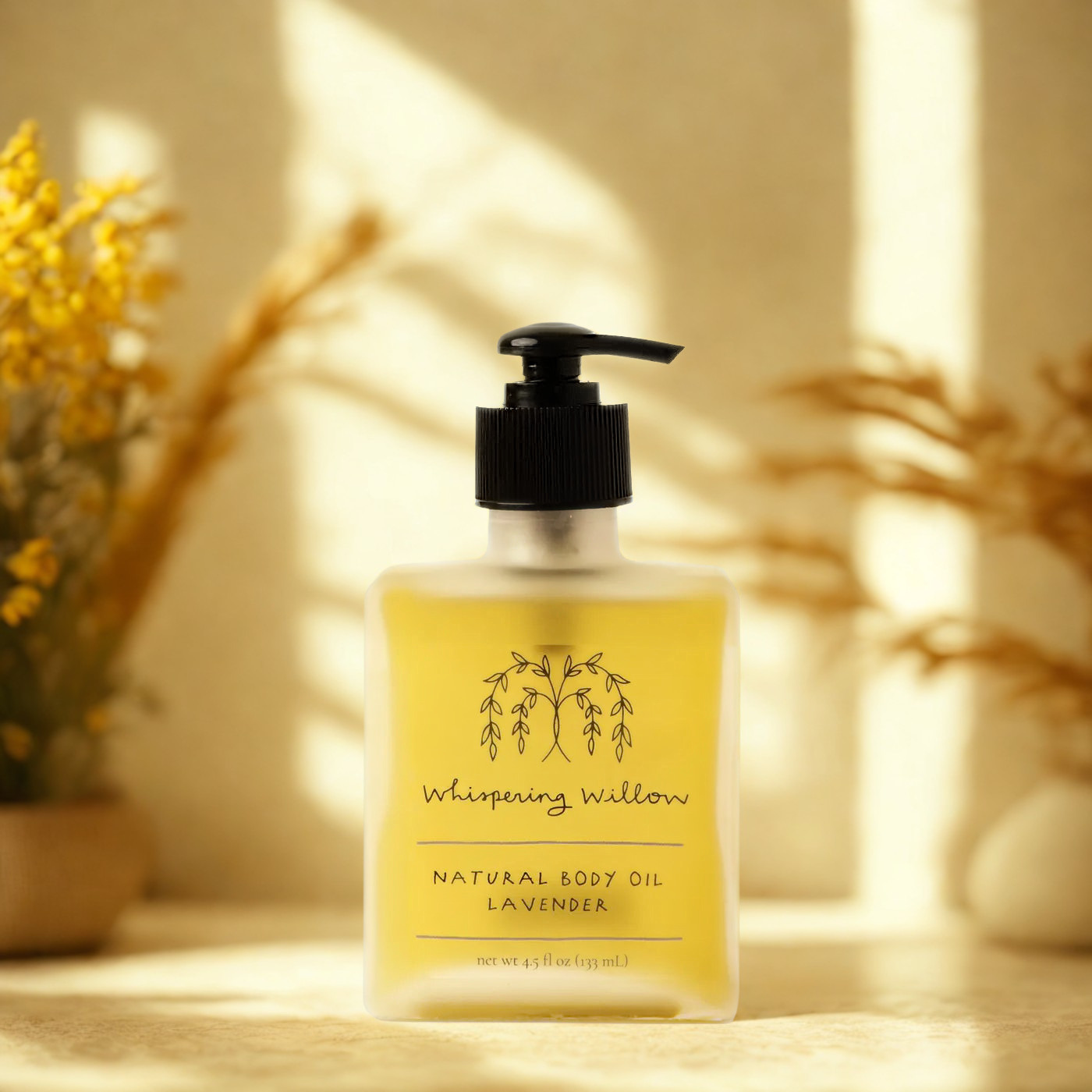 Whispering Willow Lavender Natural Body Oil in frosted glass bottle