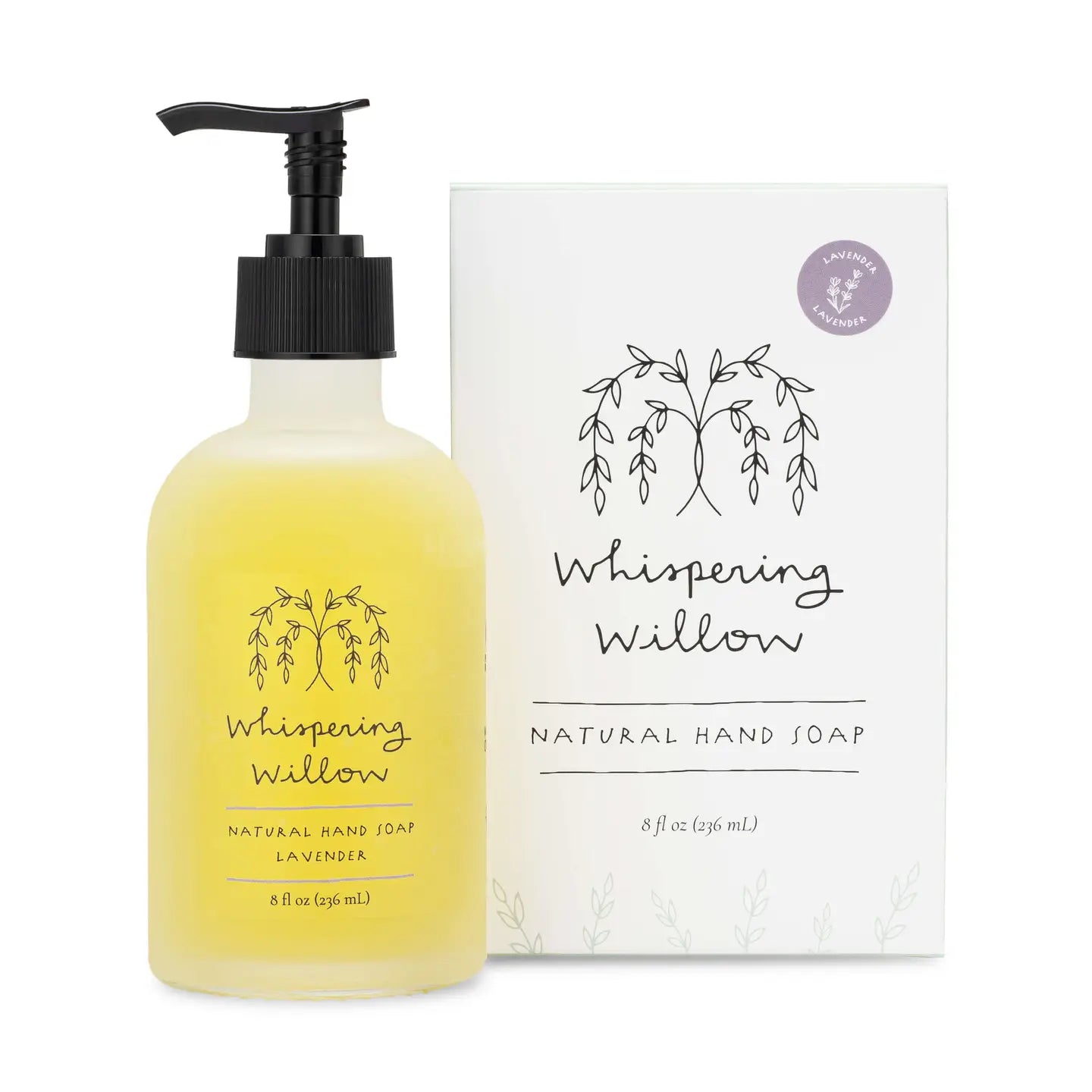 Whispering Willow Lavender Hand Soap 8oz – Natural liquid soap in eco-friendly glass bottle with calming lavender scent