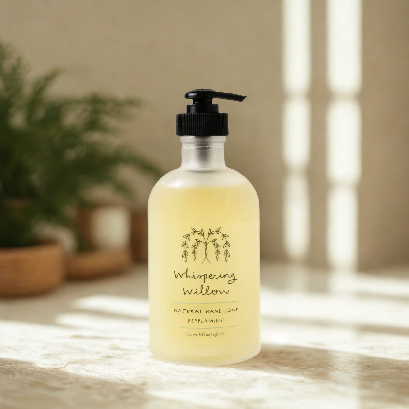 Whispering Willow Peppermint Natural Hand Soap in frosted glass bottle