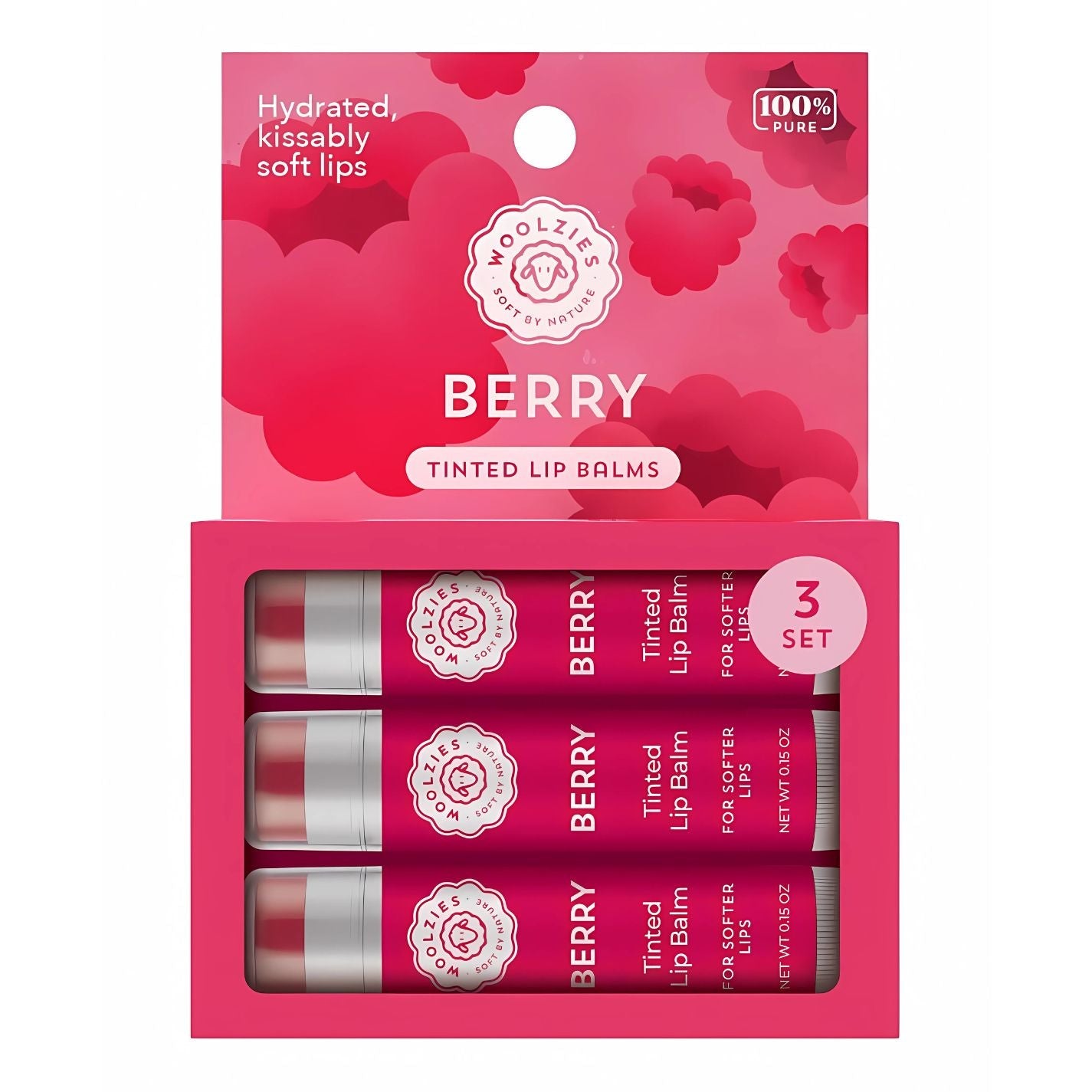  Woolzies berry tinted lip balm set of 3 hydrating natural lip care trio
